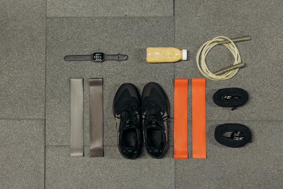 A image of various fitness gear items, such as shoes, clothes, and accessories, representing the importance of choosing the right gear for weight loss.